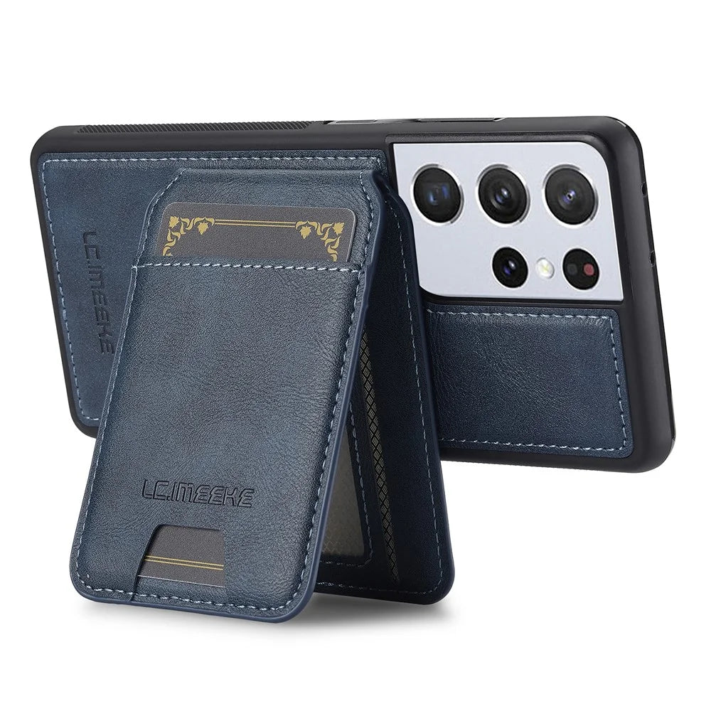 LC.IMEEKE L3 For Samsung Galaxy S22 Ultra 5G Magnetic Case Detachable Card Holder Leather+TPU Mobile Cover - Blue - 3