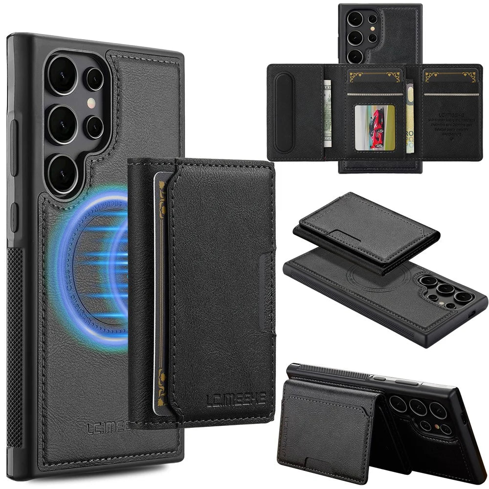 LC.IMEEKE L5 For Samsung Galaxy S24 Ultra Magnetic Phone Case Leather Back Cover with Detachable Card Holder - Black - 1