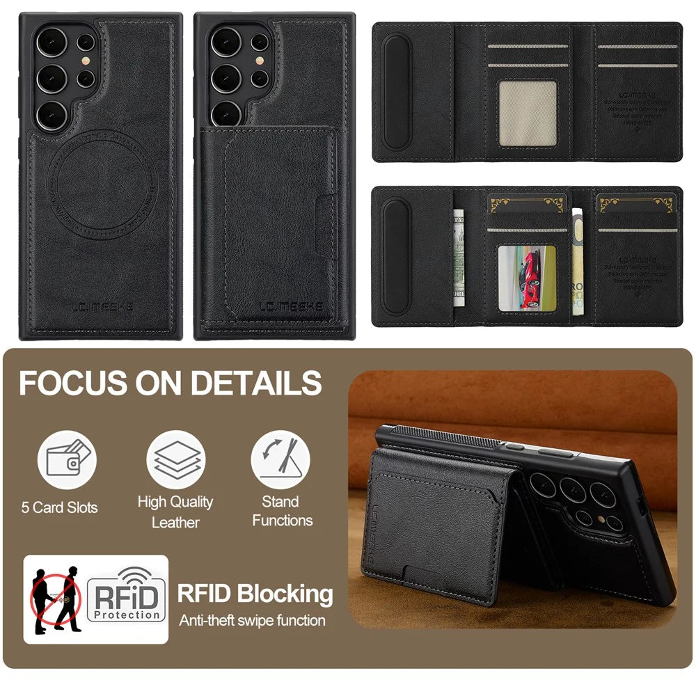 LC.IMEEKE L5 For Samsung Galaxy S24 Ultra Magnetic Phone Case Leather Back Cover with Detachable Card Holder - Black - 3