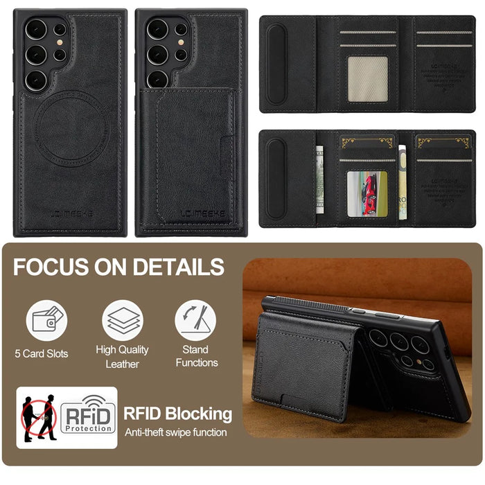 LC.IMEEKE L5 For Samsung Galaxy S24 Ultra Magnetic Phone Case Leather Back Cover with Detachable Card Holder - Black - 3