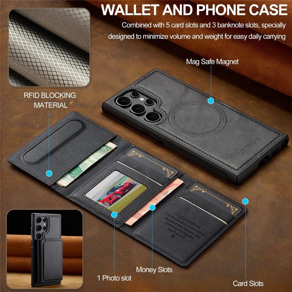 LC.IMEEKE L5 For Samsung Galaxy S24 Ultra Magnetic Phone Case Leather Back Cover with Detachable Card Holder - Black - 5
