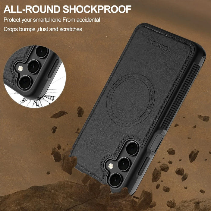 LC.IMEEKE L5 For Samsung Galaxy S24 FE Magnetic Phone Case Leather Back Cover with Detachable Card Holder - Black - 4