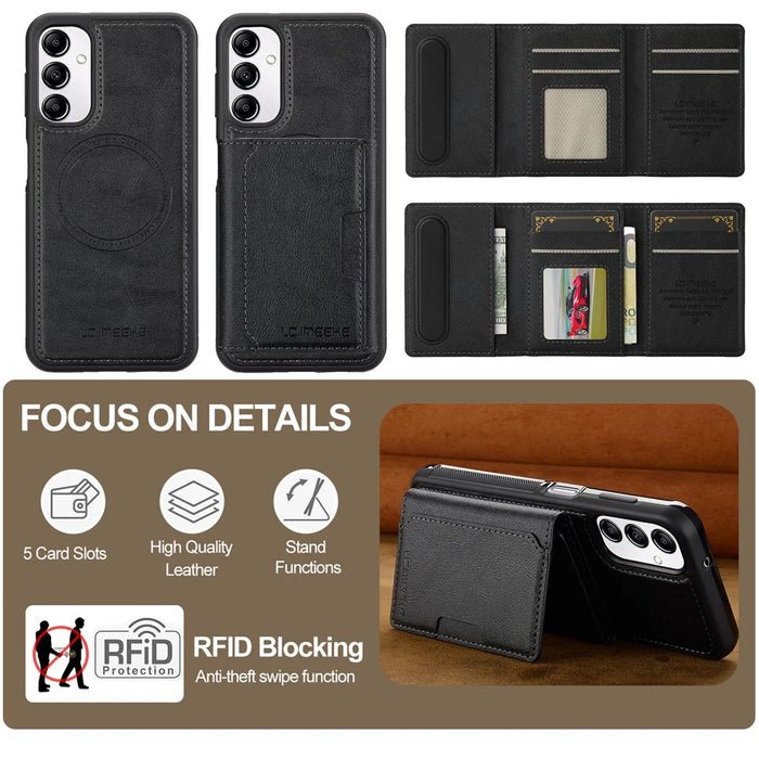 LC.IMEEKE L5 For Samsung Galaxy A14 4G / 5G Magnetic Phone Case Leather Back Cover with Detachable Card Holder - Black - 3