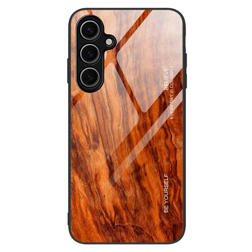 For Samsung Galaxy A36 5G Case TPU+Tempered Glass Back Phone Cover Wood Texture - Orange - 1