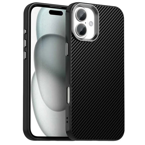For iPhone 16 Case Cell Phone Hybrid Back Cover Carbon Fiber Texture - Black - 1
