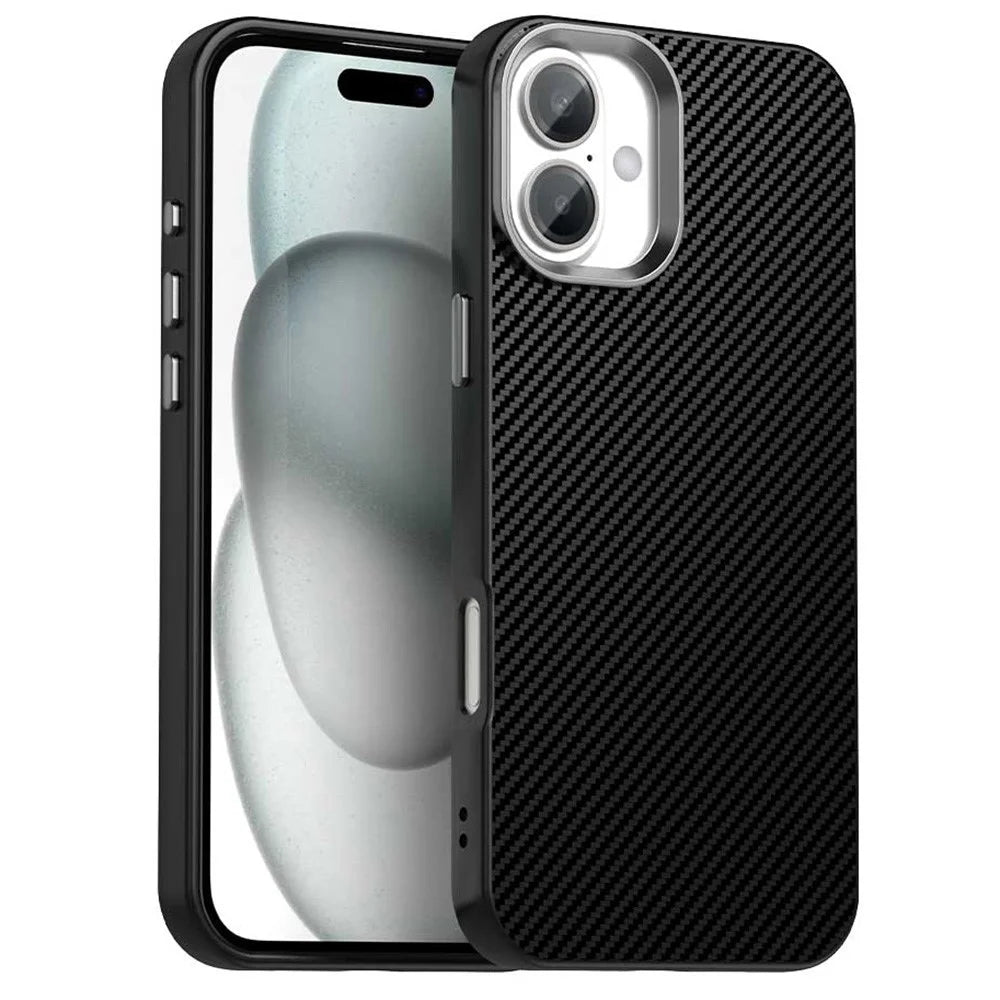 For iPhone 16 Case Cell Phone Hybrid Back Cover Carbon Fiber Texture - Black - 1
