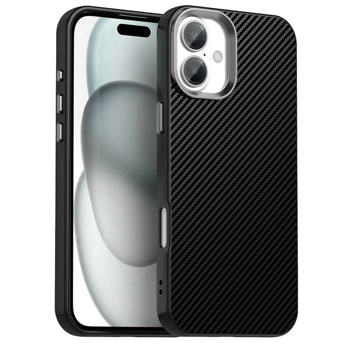 For iPhone 16 Case Cell Phone Hybrid Back Cover Carbon Fiber Texture - Black - 1