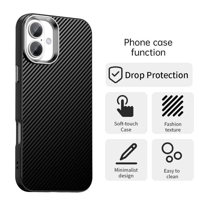For iPhone 16 Case Cell Phone Hybrid Back Cover Carbon Fiber Texture - Black - 2