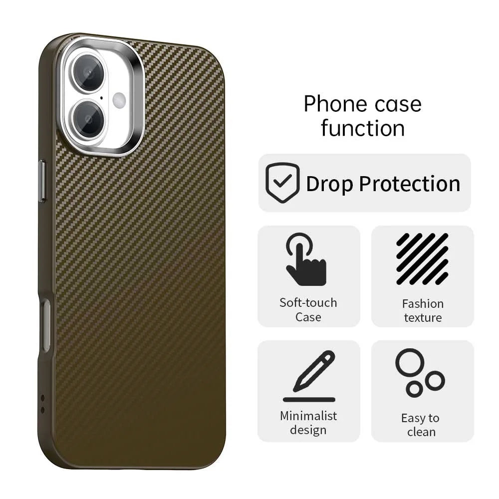 For iPhone 16 Plus Case Cell Phone Hybrid Back Cover Carbon Fiber Texture - Brown - 2