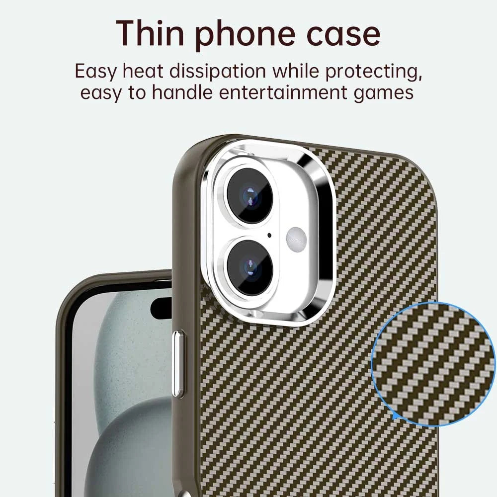 For iPhone 16 Plus Case Cell Phone Hybrid Back Cover Carbon Fiber Texture - Brown - 5