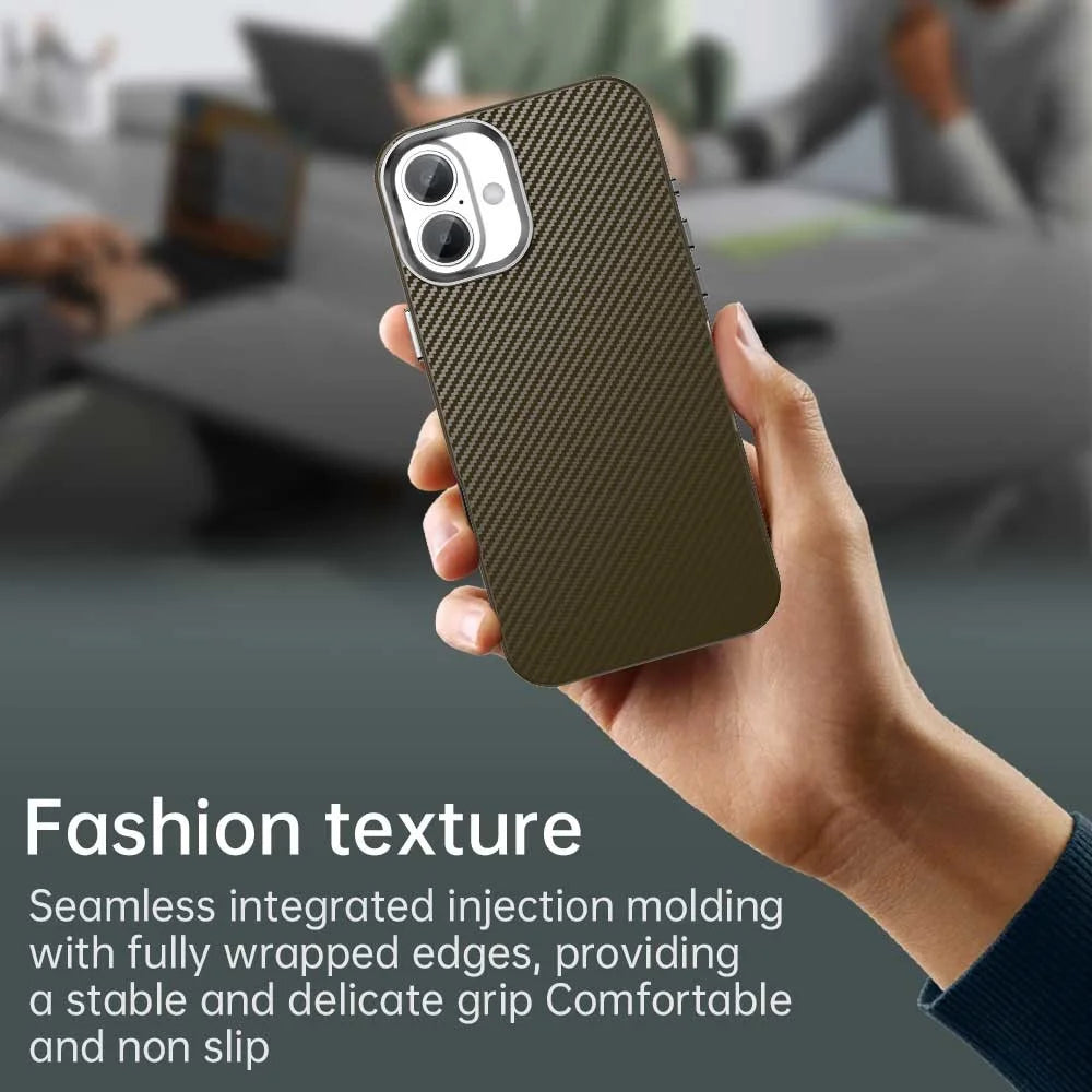 For iPhone 16 Plus Case Cell Phone Hybrid Back Cover Carbon Fiber Texture - Brown - 6