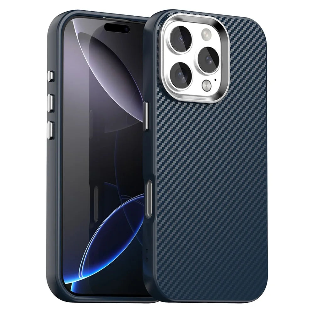 For iPhone 16 Pro Case Cell Phone Hybrid Back Cover Carbon Fiber Texture - Blue - 1
