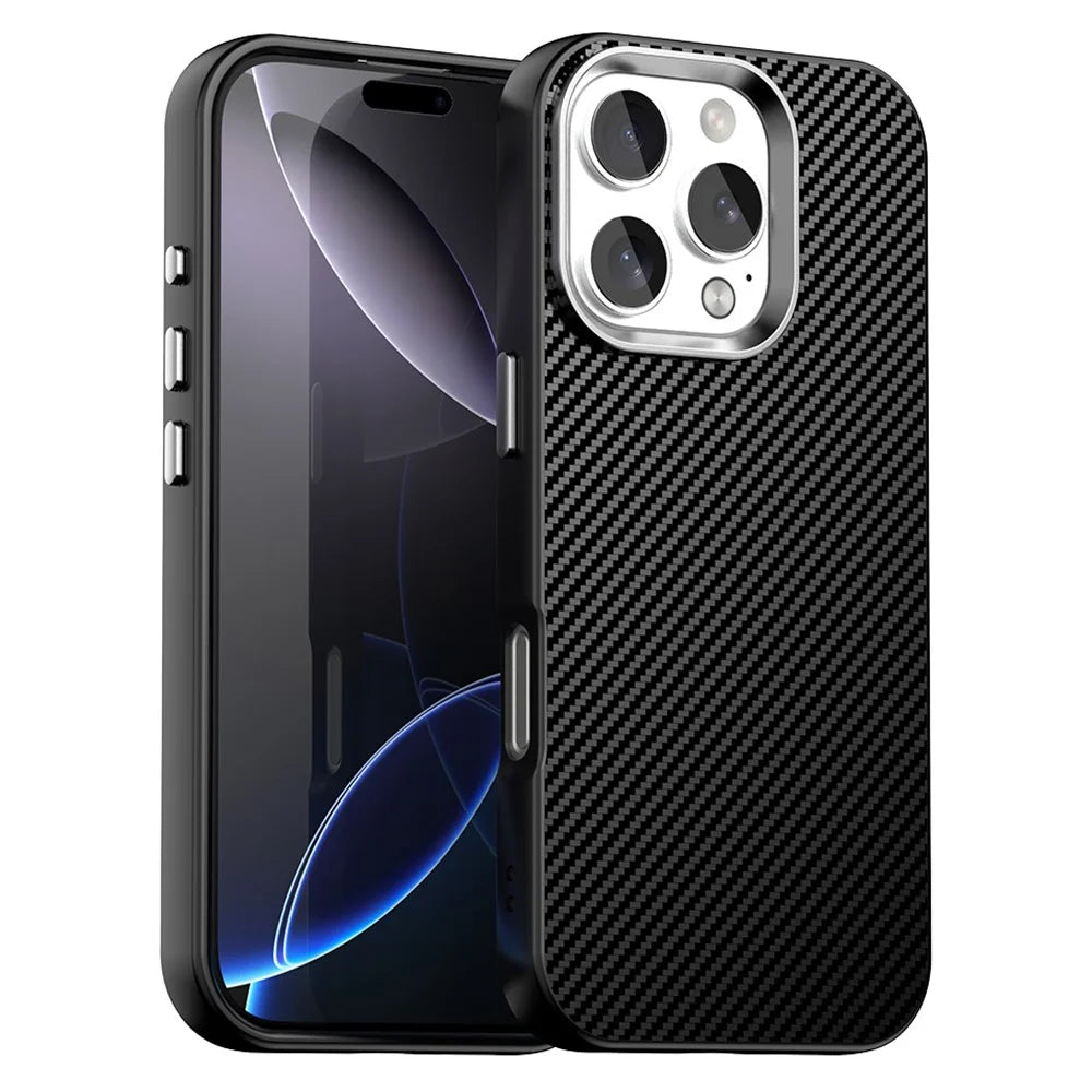 For iPhone 16 Pro Max Case Cell Phone Hybrid Back Cover Carbon Fiber Texture - Black - 1