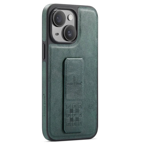 FIERRE SHANN For iPhone 14 Case Kickstand Leather Slim Back Cover - Green - 1