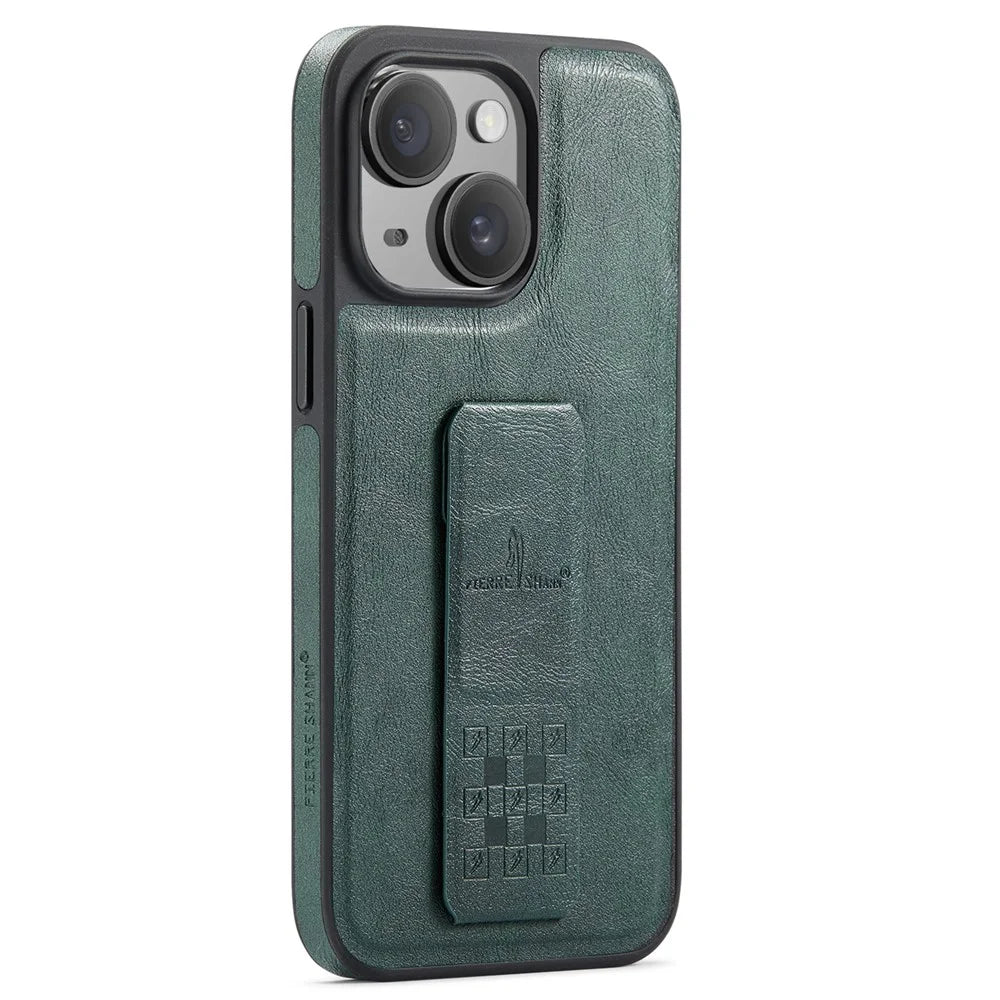 FIERRE SHANN For iPhone 14 Case Kickstand Leather Slim Back Cover - Green - 1