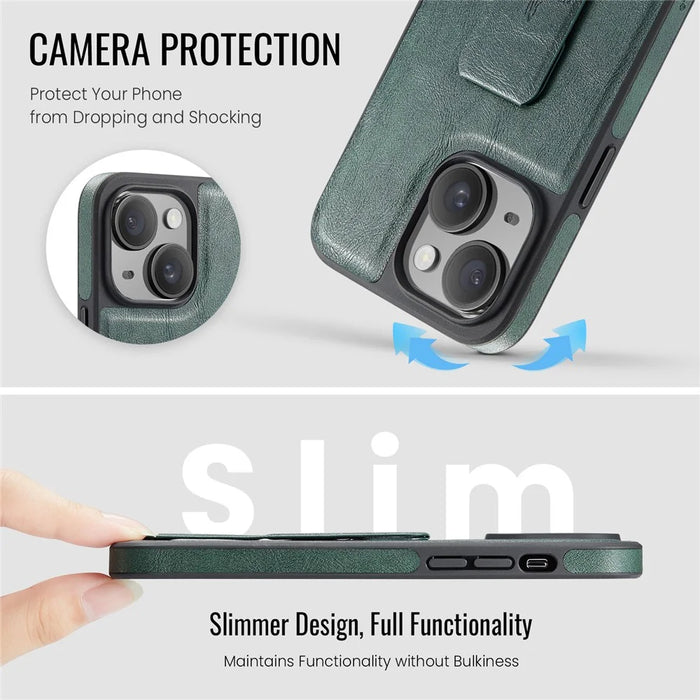 FIERRE SHANN For iPhone 14 Case Kickstand Leather Slim Back Cover - Green - 5