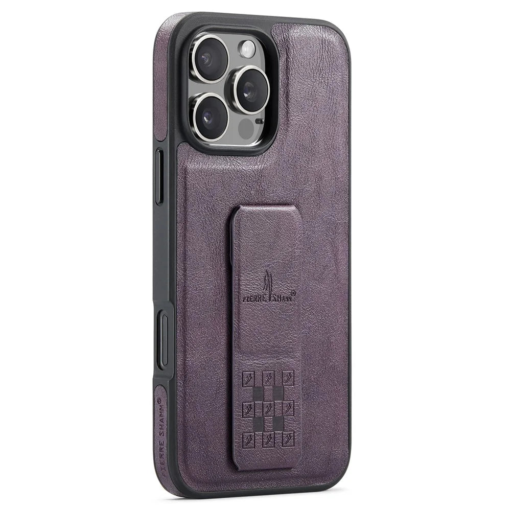 FIERRE SHANN For iPhone 14 Pro Case Kickstand Leather Slim Back Cover - Purple - 1