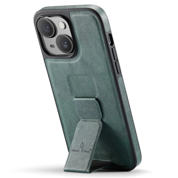 FIERRE SHANN For iPhone 15 Case Kickstand Leather Slim Back Cover - Green - 2