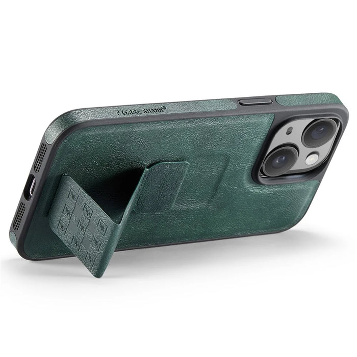 FIERRE SHANN For iPhone 15 Case Kickstand Leather Slim Back Cover - Green - 3