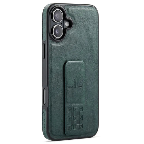 FIERRE SHANN For iPhone 16 Case Kickstand Leather Slim Back Cover - Green - 1
