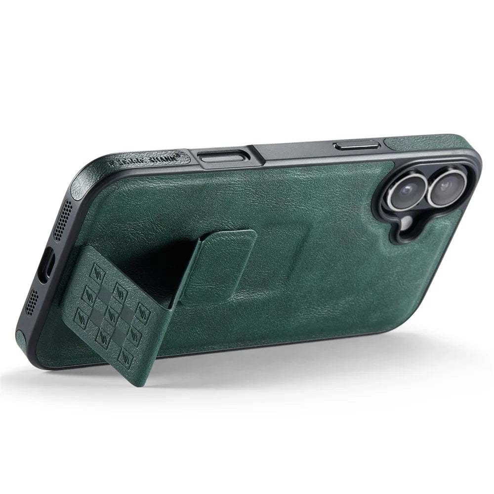 FIERRE SHANN For iPhone 16 Case Kickstand Leather Slim Back Cover - Green - 3