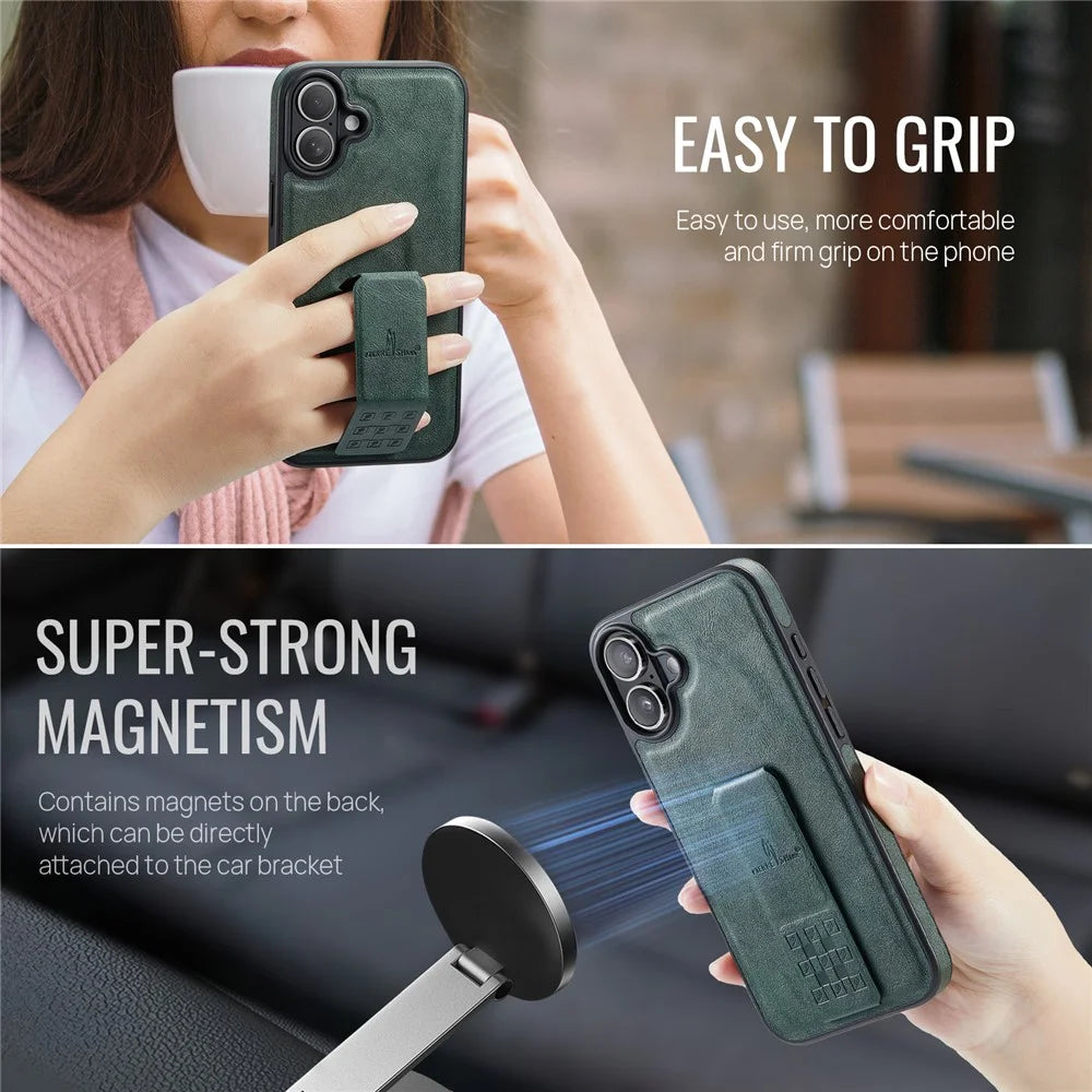 FIERRE SHANN For iPhone 16 Case Kickstand Leather Slim Back Cover - Green - 4