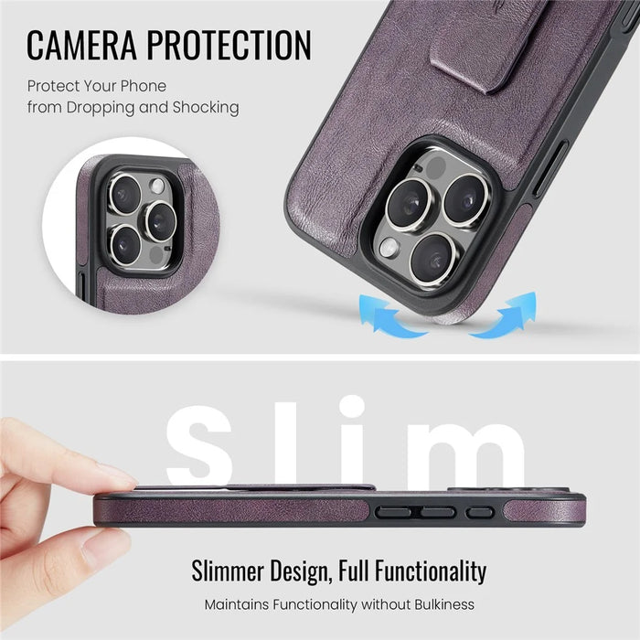 FIERRE SHANN For iPhone 16 Pro Case Kickstand Leather Slim Back Cover - Purple - 5