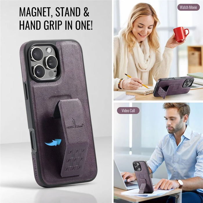 FIERRE SHANN For iPhone 16 Pro Case Kickstand Leather Slim Back Cover - Purple - 6
