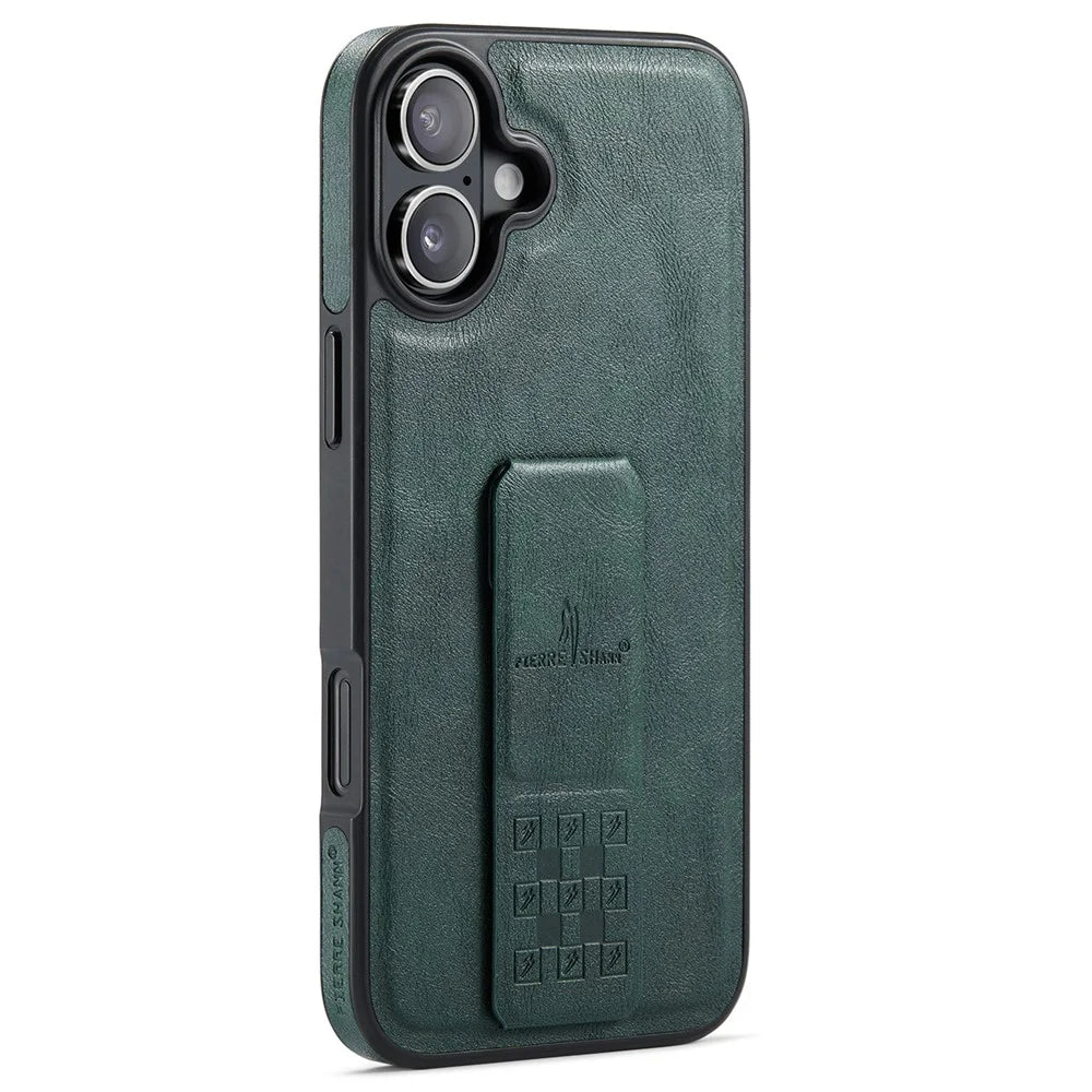 FIERRE SHANN For iPhone 16 Plus Case Kickstand Leather Slim Back Cover - Green - 1