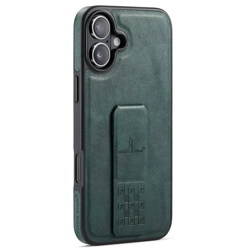 FIERRE SHANN For iPhone 16 Plus Case Kickstand Leather Slim Back Cover - Green - 1