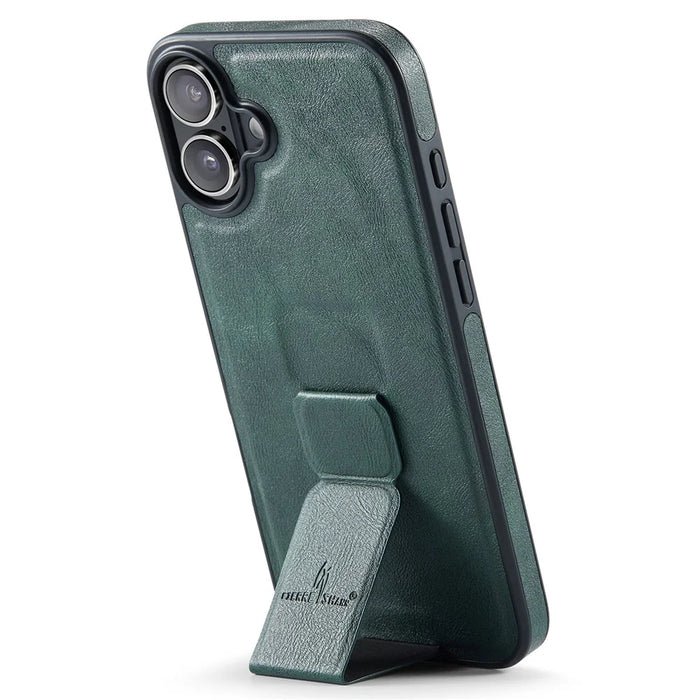 FIERRE SHANN For iPhone 16 Plus Case Kickstand Leather Slim Back Cover - Green - 2