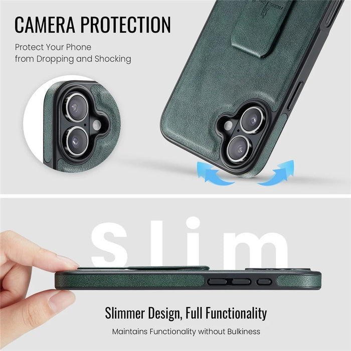 FIERRE SHANN For iPhone 16 Plus Case Kickstand Leather Slim Back Cover - Green - 5