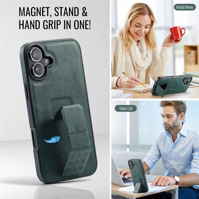 FIERRE SHANN For iPhone 16 Plus Case Kickstand Leather Slim Back Cover - Green - 6