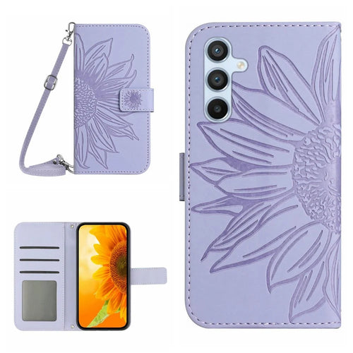 HT04 For Samsung Galaxy A56 5G / M56 5G Case Sunflower Imprint PU Leather Phone Cover with Long Strap - Light Purple - 1