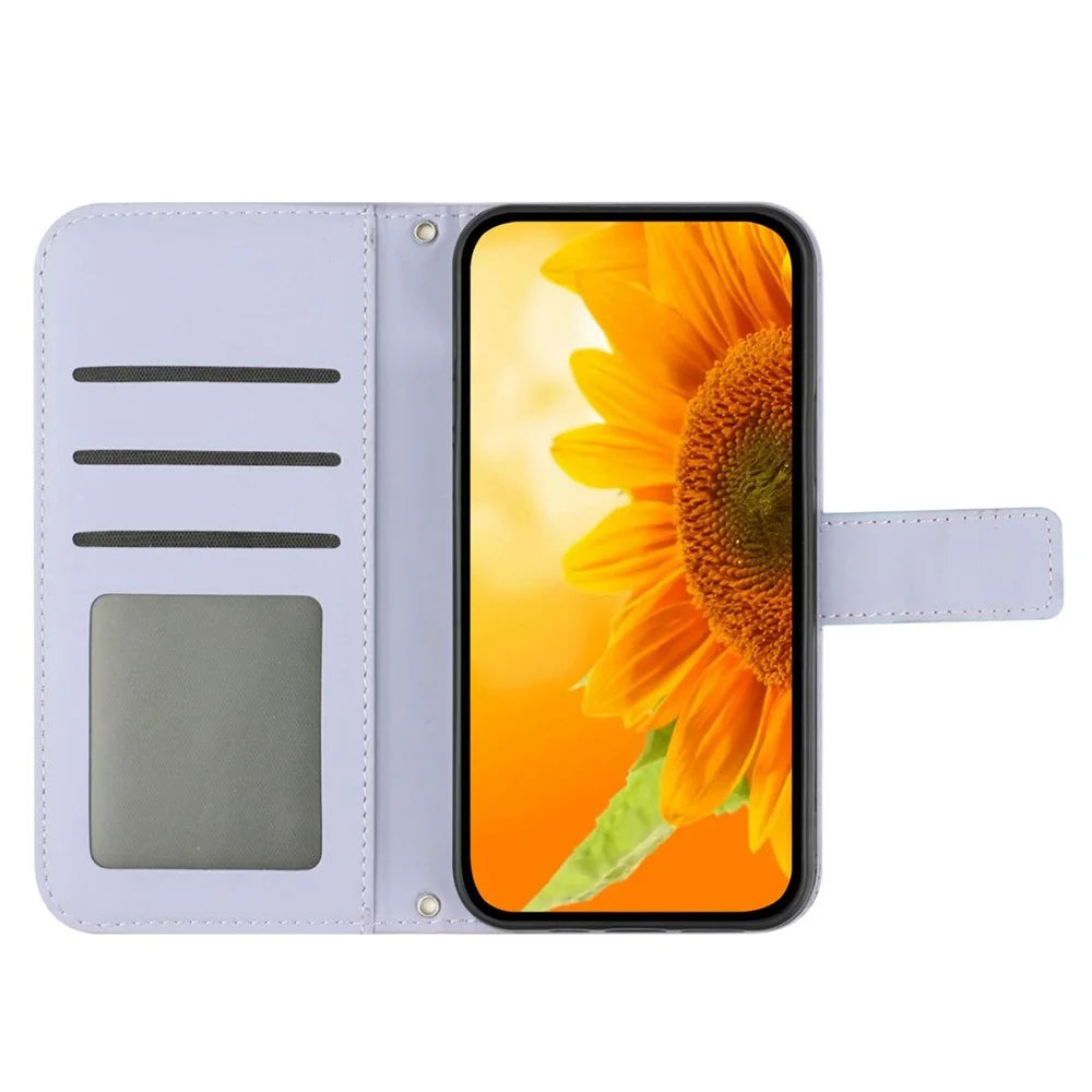 HT04 For Samsung Galaxy A56 5G / M56 5G Case Sunflower Imprint PU Leather Phone Cover with Long Strap - Light Purple - 2