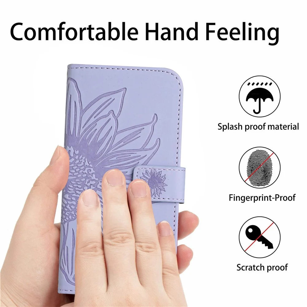 HT04 For Samsung Galaxy A56 5G / M56 5G Case Sunflower Imprint PU Leather Phone Cover with Long Strap - Light Purple - 5