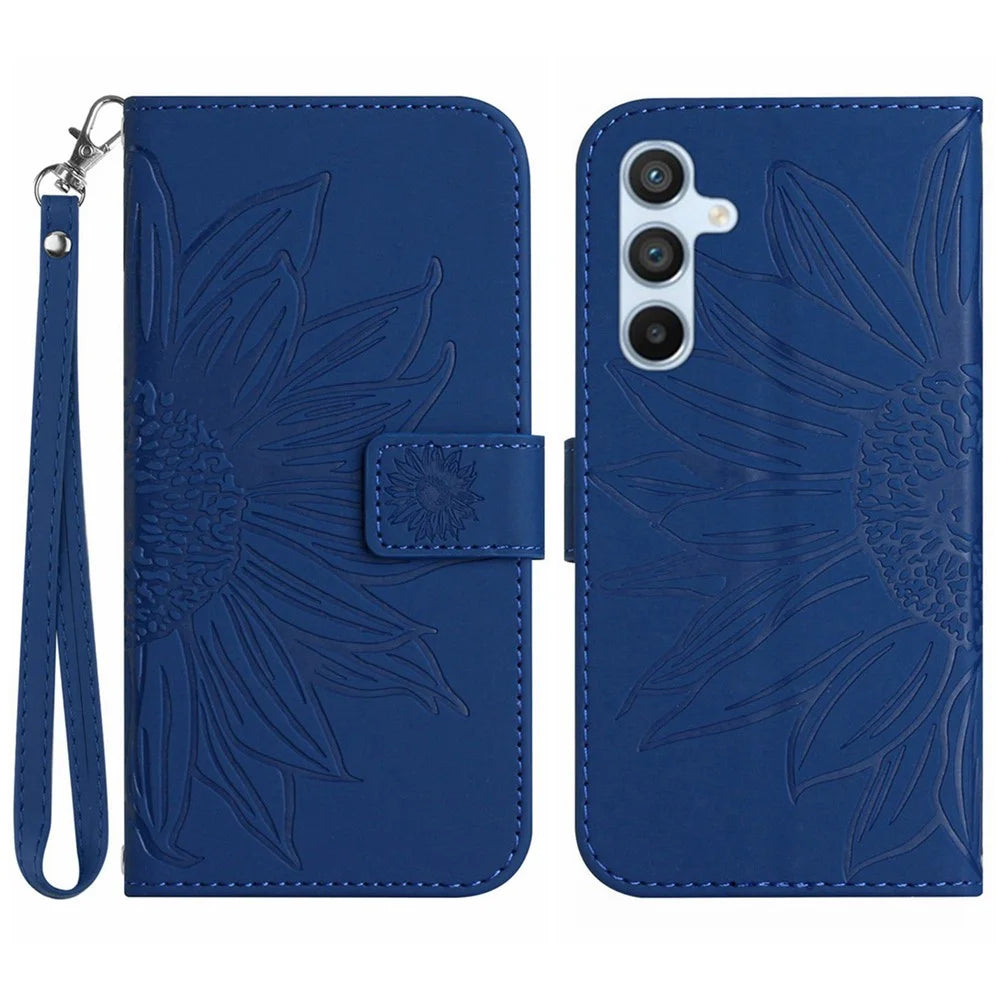For Samsung Galaxy A56 5G / M56 5G Case Sunflower Imprint Leather Wallet Phone Cover with Wrist Strap - Sapphire - 1