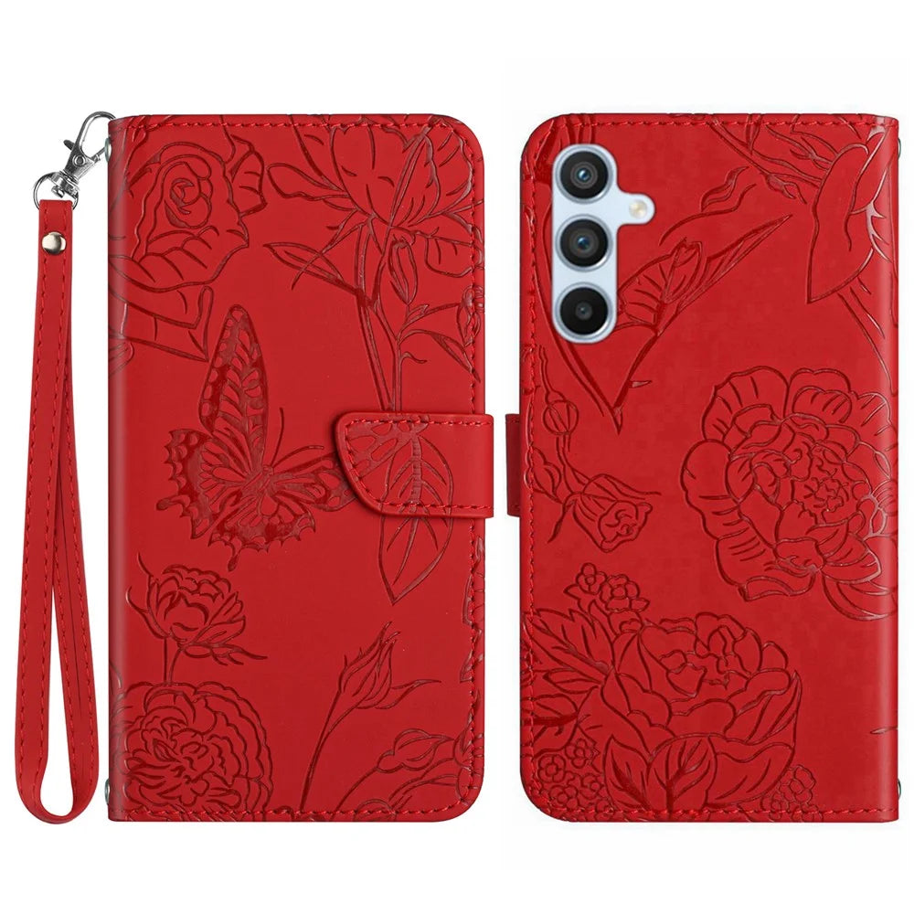 For Samsung Galaxy A56 5G / M56 5G Case Leather Phone Cover with Strap, Butterfly Flower Imprint - Red - 1
