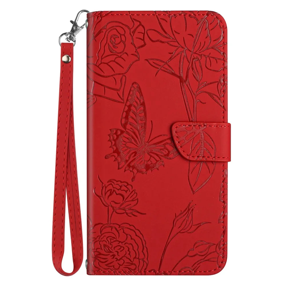 For Samsung Galaxy A56 5G / M56 5G Case Leather Phone Cover with Strap, Butterfly Flower Imprint - Red - 7