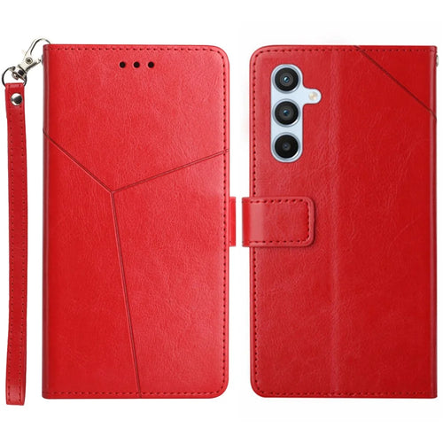 For Samsung Galaxy A56 5G / M56 5G Case with Wrist Strap Y Shaped Lines Imprint Leather Phone Cover - Red - 1