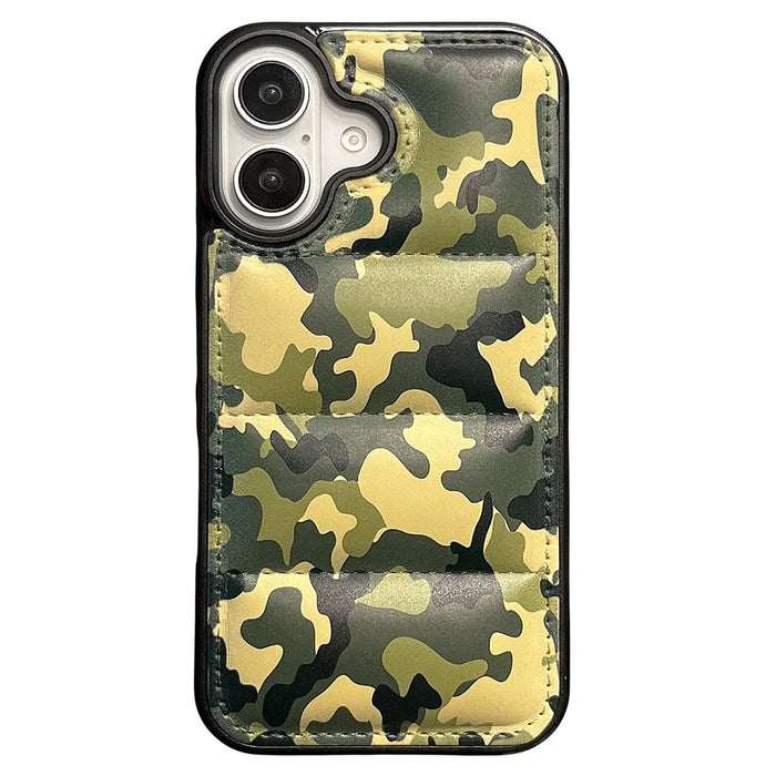 For iPhone 16 Case Camo Puffer Jacket Leather+TPU 3D Protective Cover - Green - 1