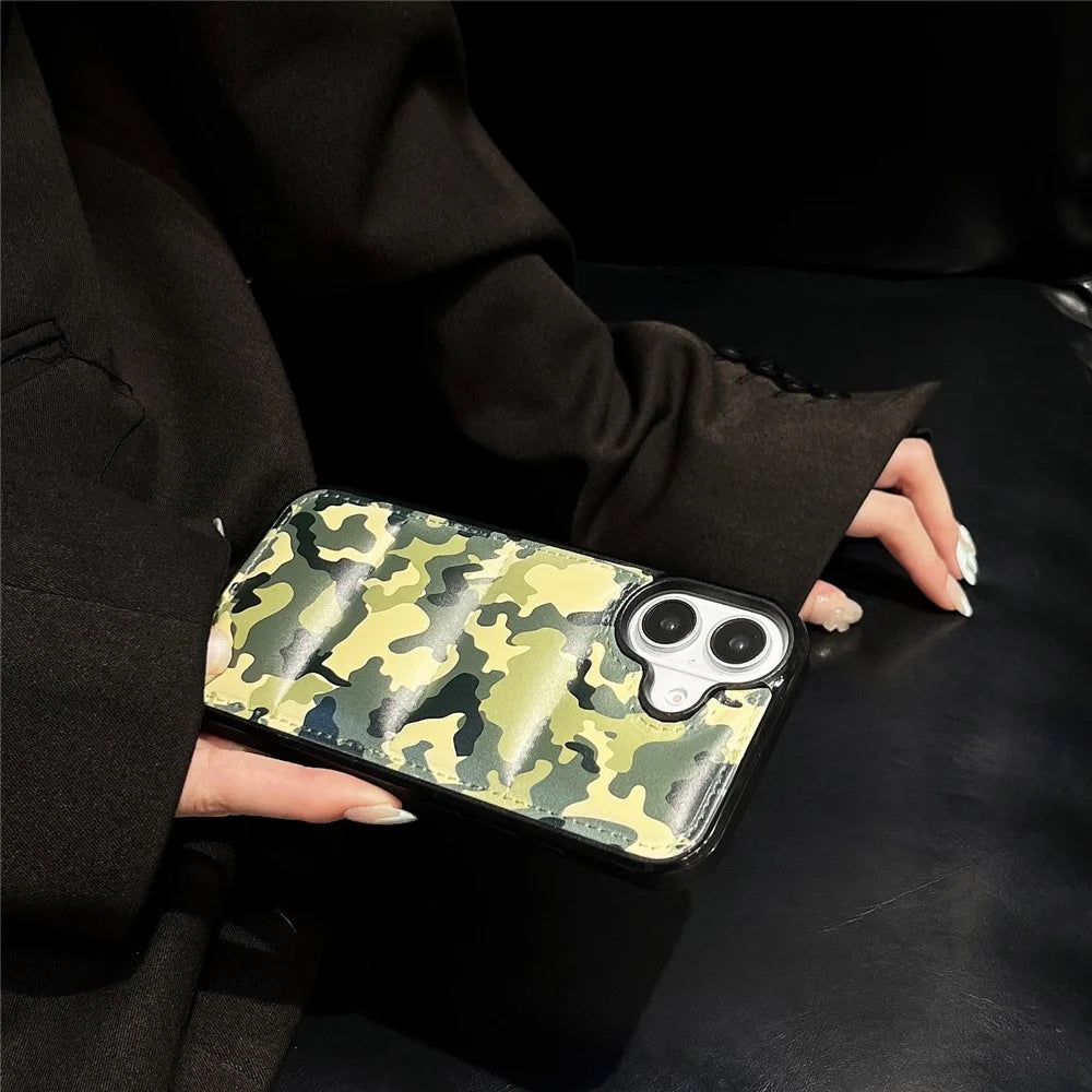 For iPhone 16 Plus Case Camo Puffer Jacket Leather+TPU 3D Protective Cover - Green - 3