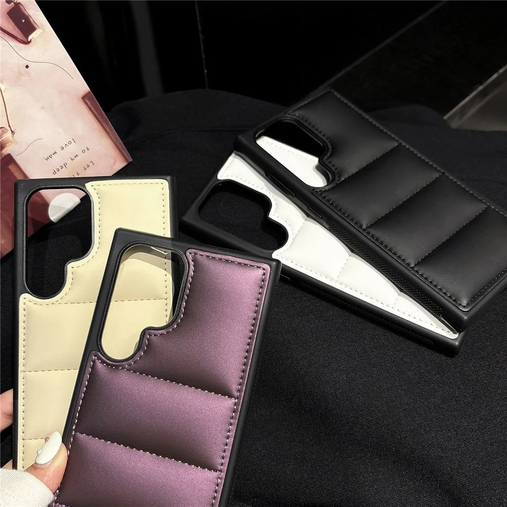 For Samsung Galaxy S24 Ultra Case Puffer Jacket Leather+TPU Soft Touch Phone Cover - Black - 6