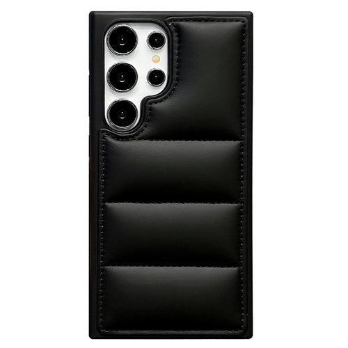 For Samsung Galaxy S23 Ultra Case Puffer Jacket Leather+TPU Soft Touch Phone Cover - Black - 1