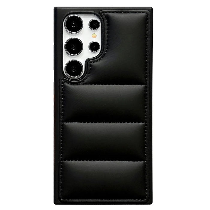 For Samsung Galaxy S23 Ultra Case Puffer Jacket Leather+TPU Soft Touch Phone Cover - Black - 1