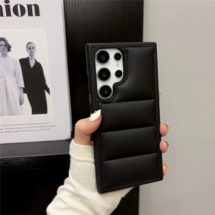 For Samsung Galaxy S23 Ultra Case Puffer Jacket Leather+TPU Soft Touch Phone Cover - Black - 2