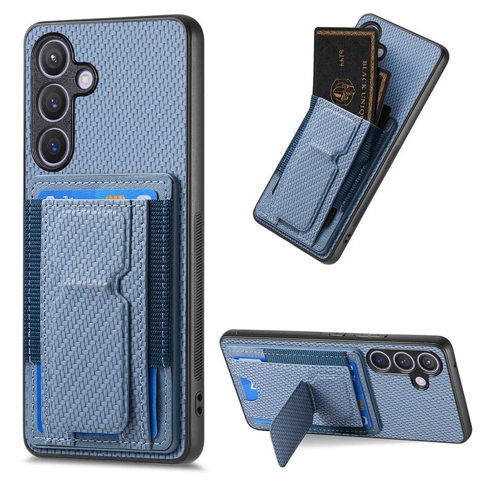 For Samsung Galaxy S25+ Case with Card Holder Kickstand Fiber Pattern Leather Back Cover - Blue - 1