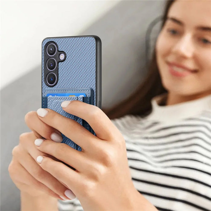 For Samsung Galaxy S25+ Case with Card Holder Kickstand Fiber Pattern Leather Back Cover - Blue - 2