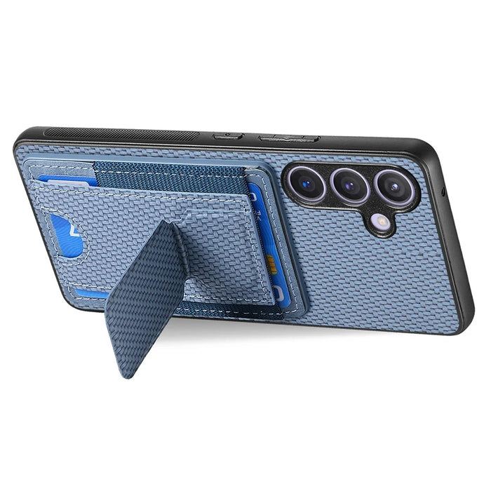 For Samsung Galaxy S25+ Case with Card Holder Kickstand Fiber Pattern Leather Back Cover - Blue - 5