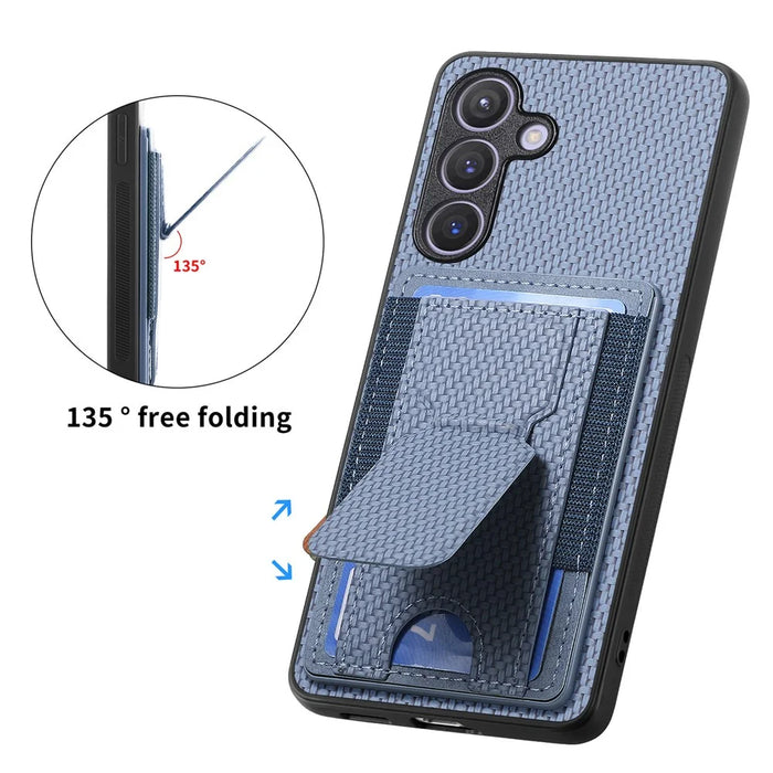For Samsung Galaxy S25+ Case with Card Holder Kickstand Fiber Pattern Leather Back Cover - Blue - 6